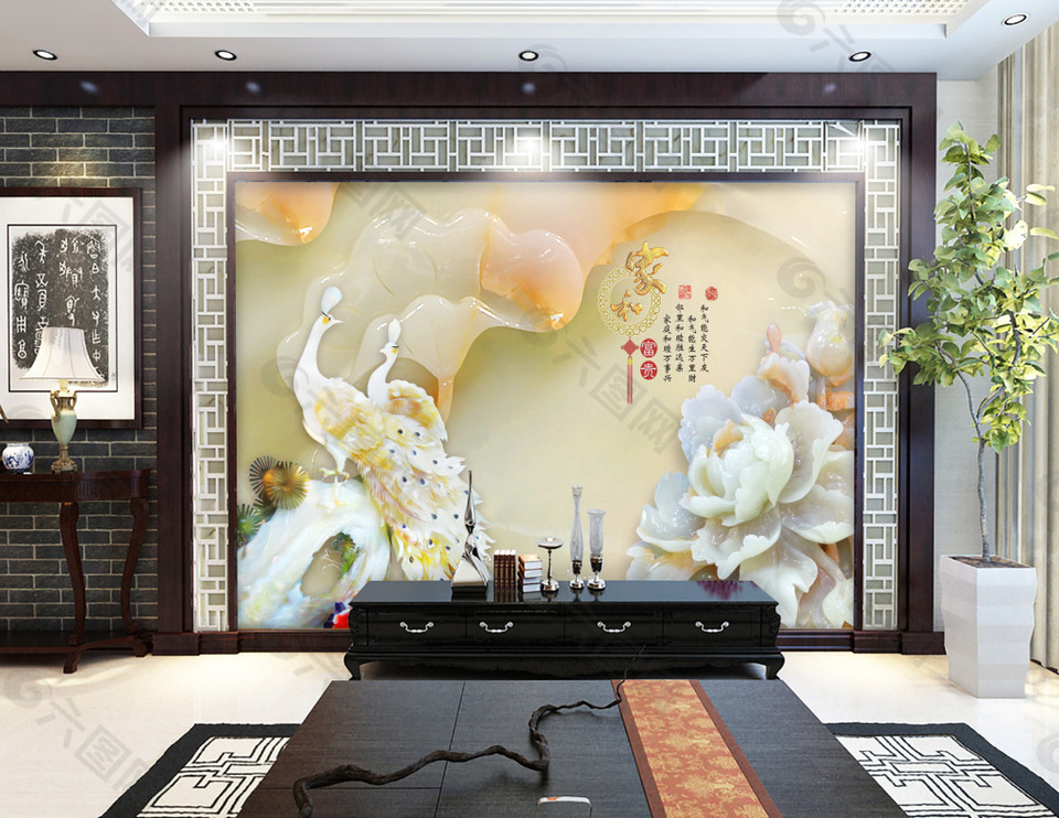 白玉雕刻中国风电视背景墙设计素材