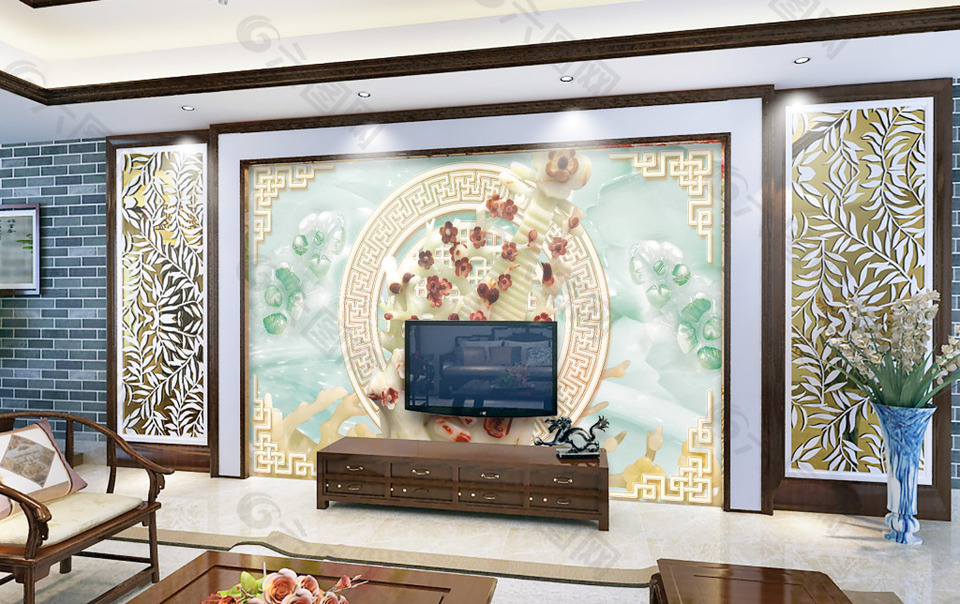 中国风淡雅风格电视背景墙素材模板