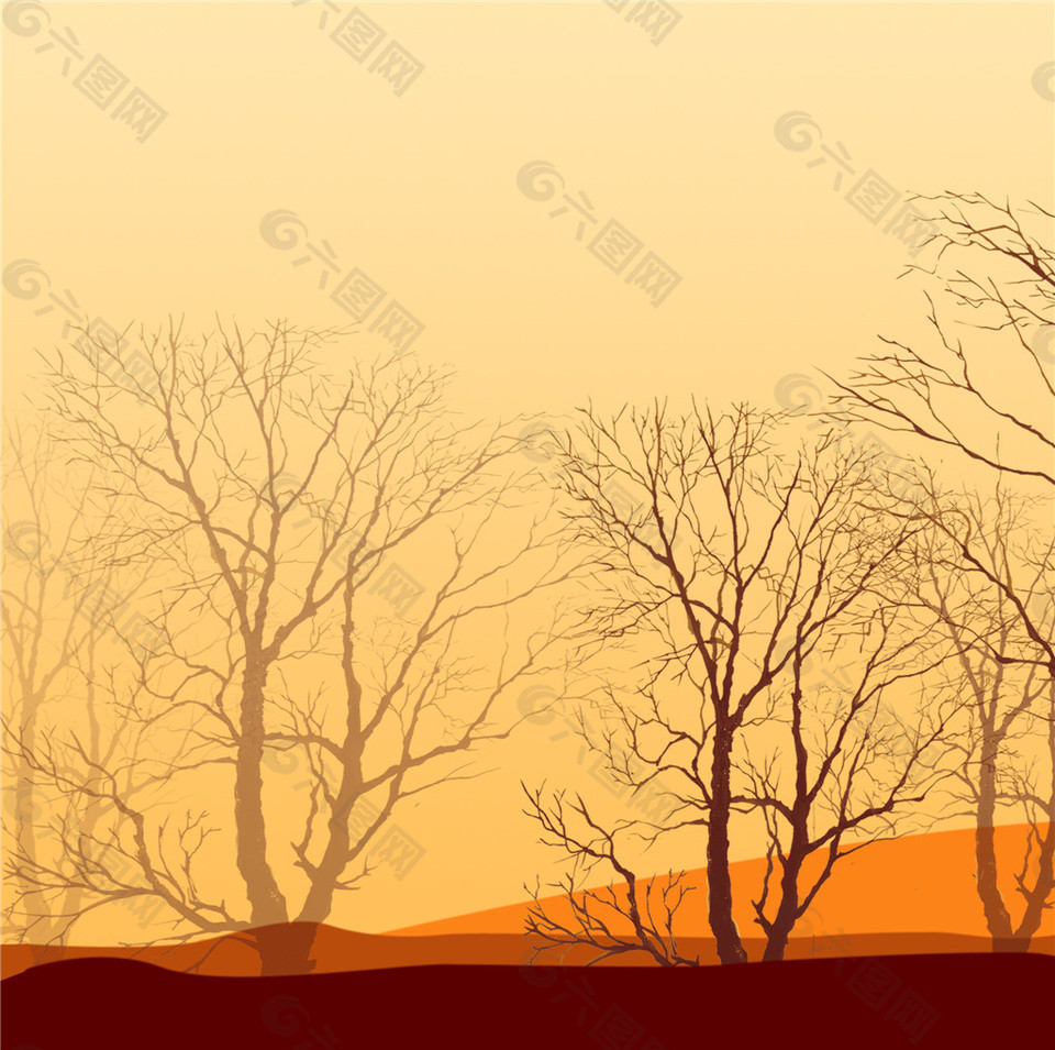 夕阳下大漠单色大树黄昏图装饰画