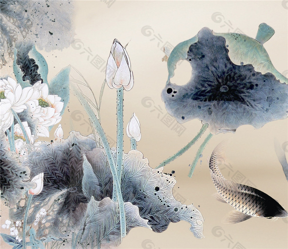 中国风莲池鲤鱼戏水水彩墨装饰画