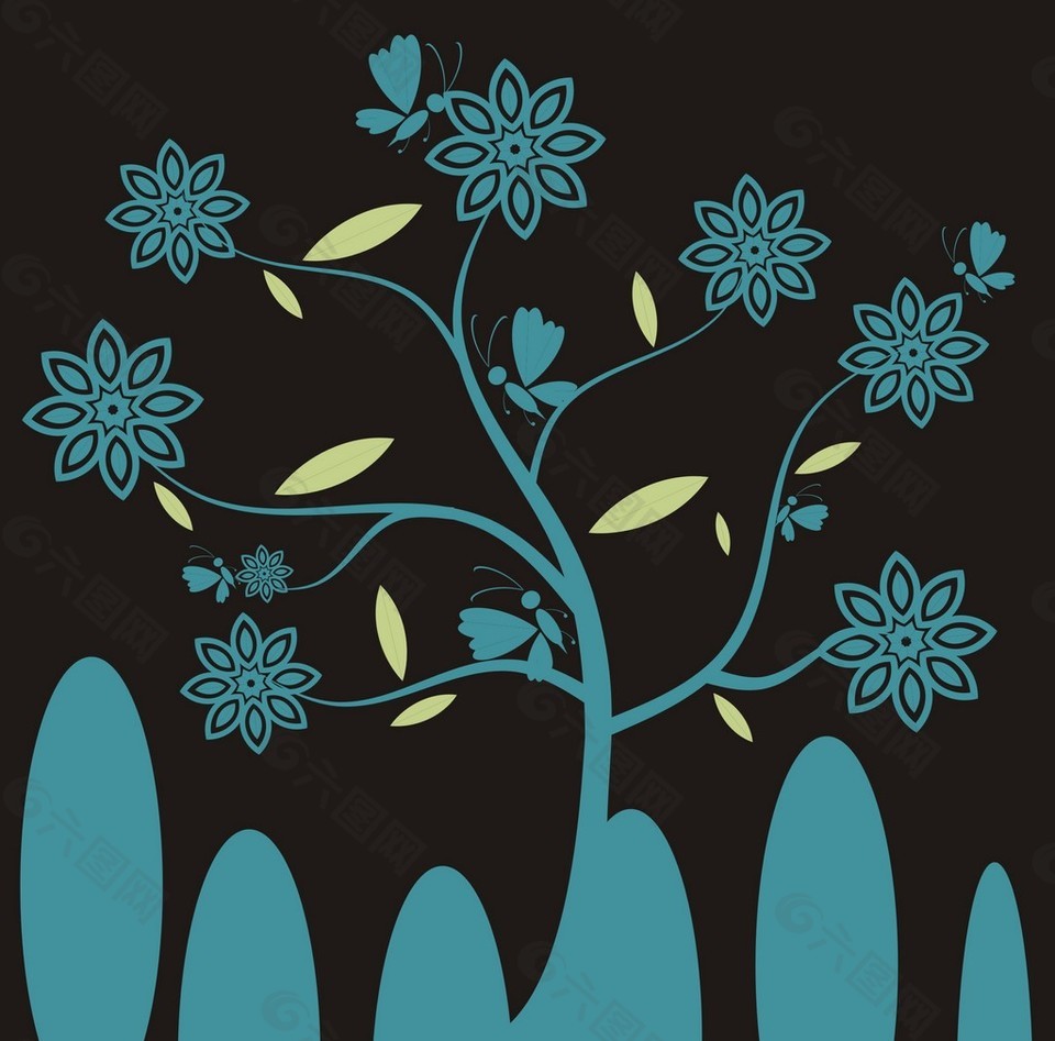蓝色树木花纹装饰画