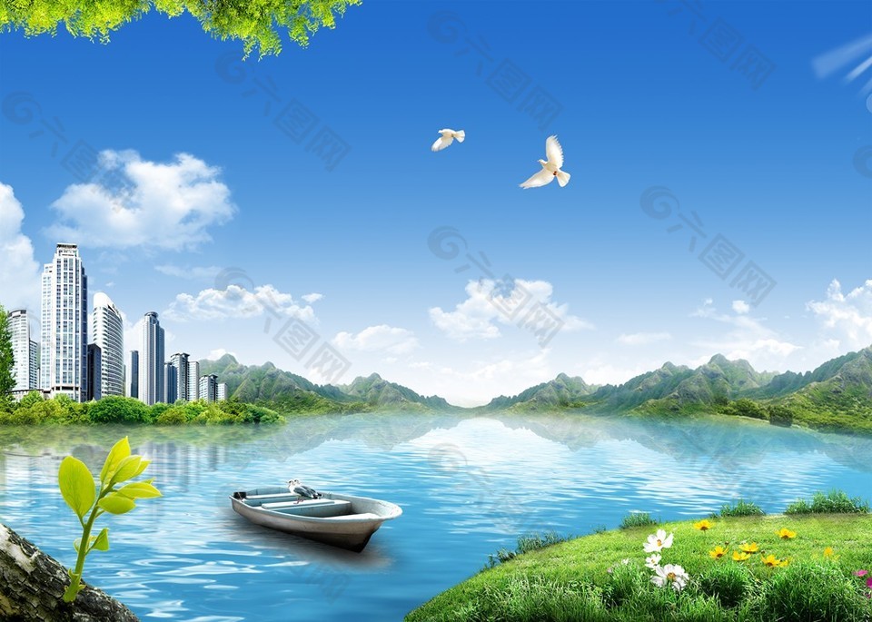 郊外清澈湖泊小舟装饰画