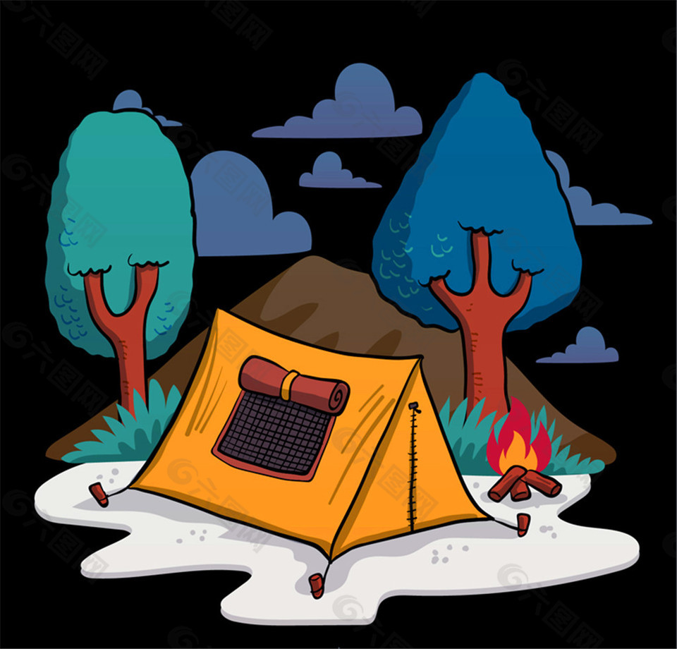 创意手绘野营帐篷和篝火矢量素材