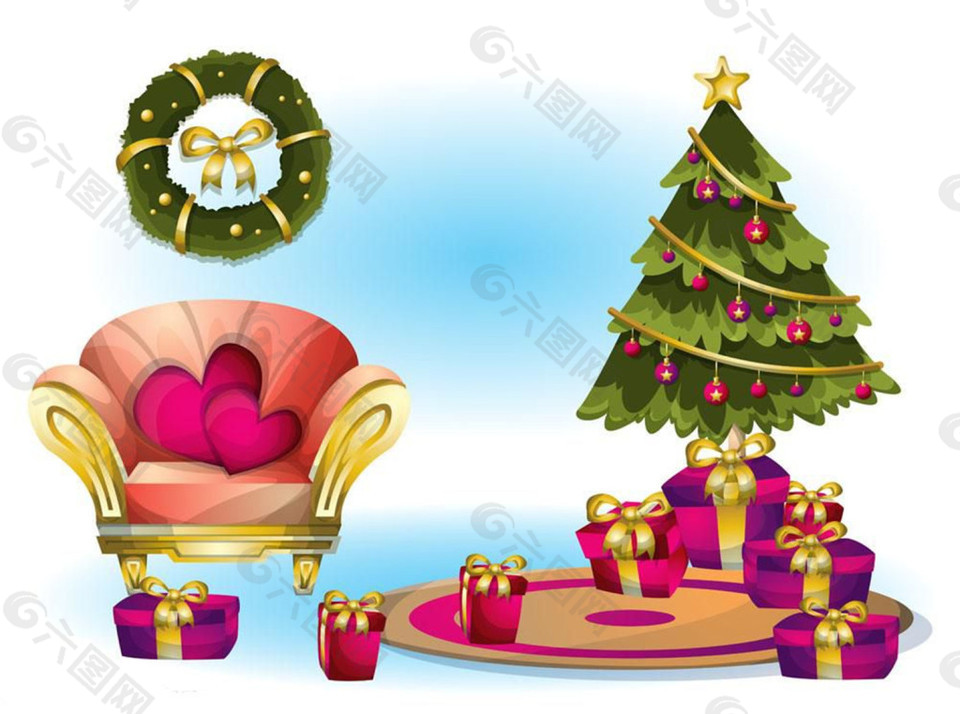 椅子上的粉色心形与圣诞树图片