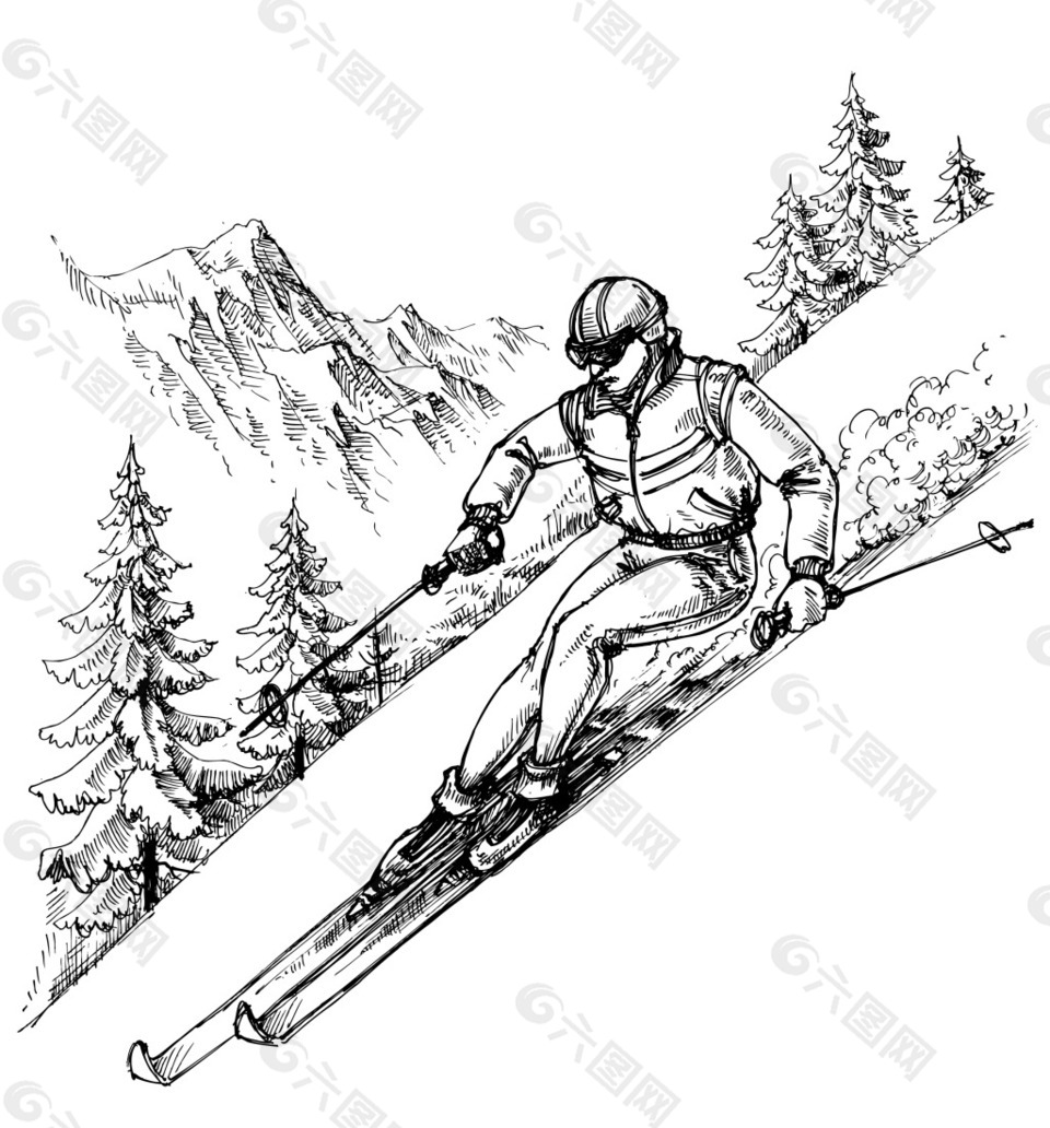 滑雪动漫线稿图片