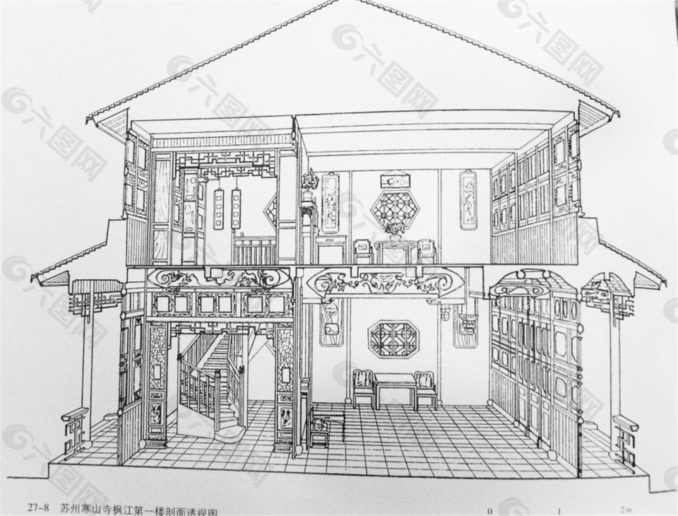 手绘中式别墅室内装修效果图