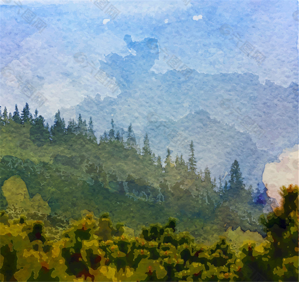 水彩绘森林风景矢量素材
