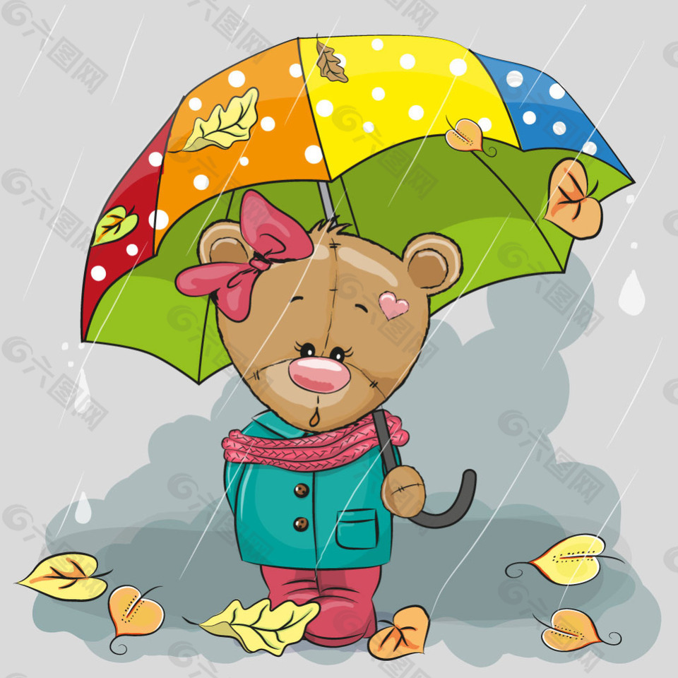 雨中打伞的小熊插画