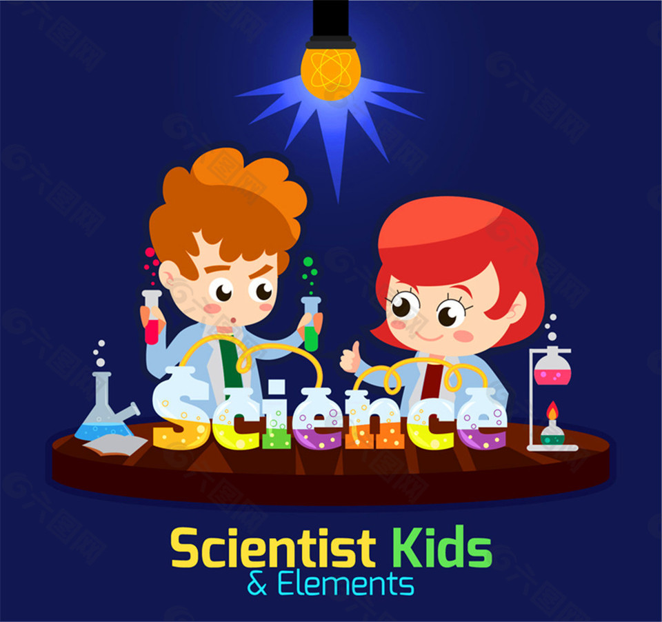 做科学实验的两个小朋友矢量素材