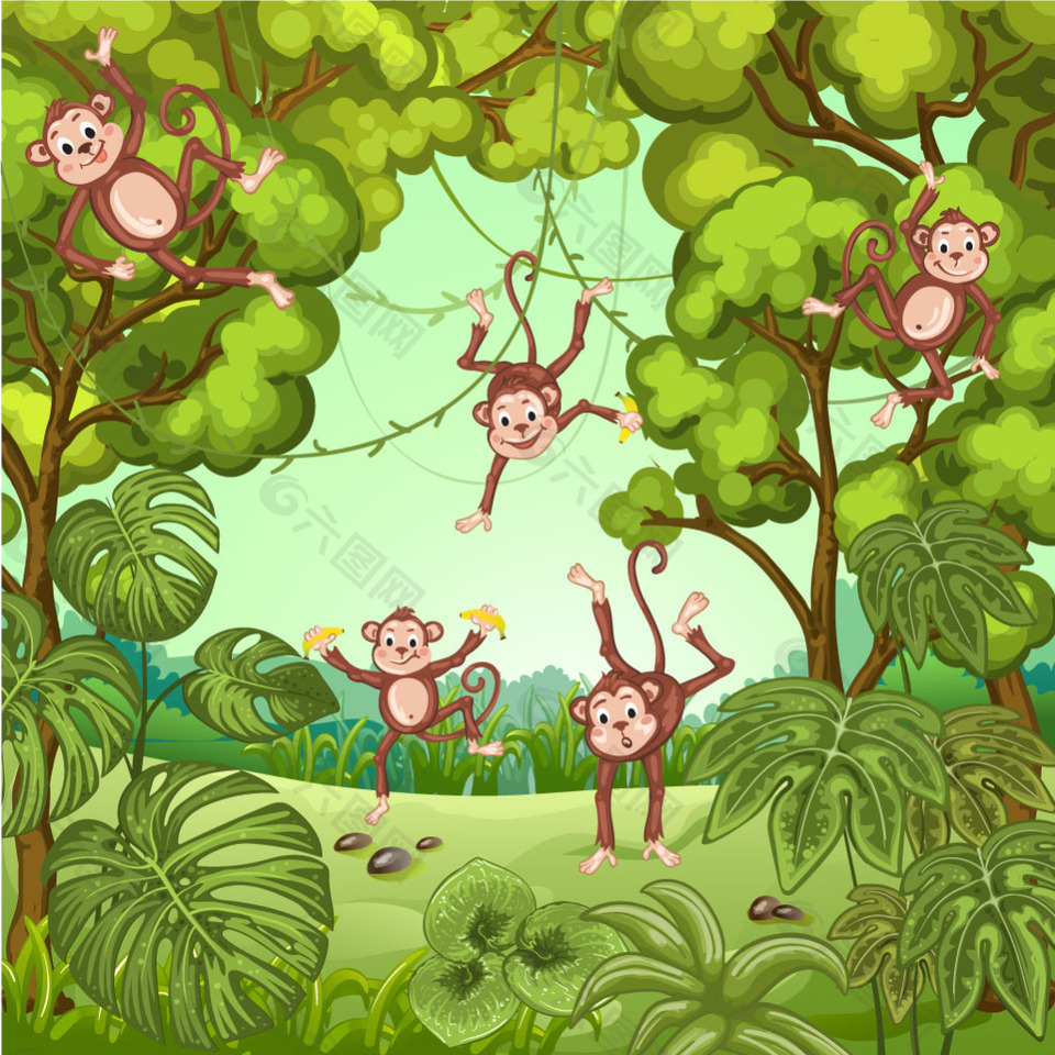 绿色森林里的动物大象猴子平面广告素材免费下载 图片编号 六图网