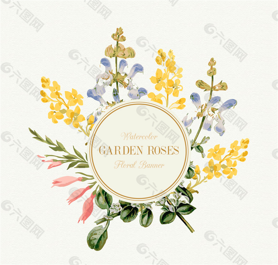 水彩绘花园花卉装饰标签矢量素材