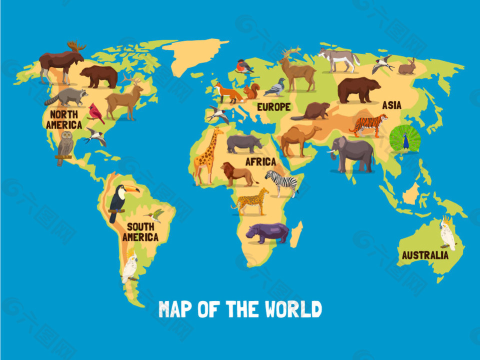 手绘的野生动物世界分布图