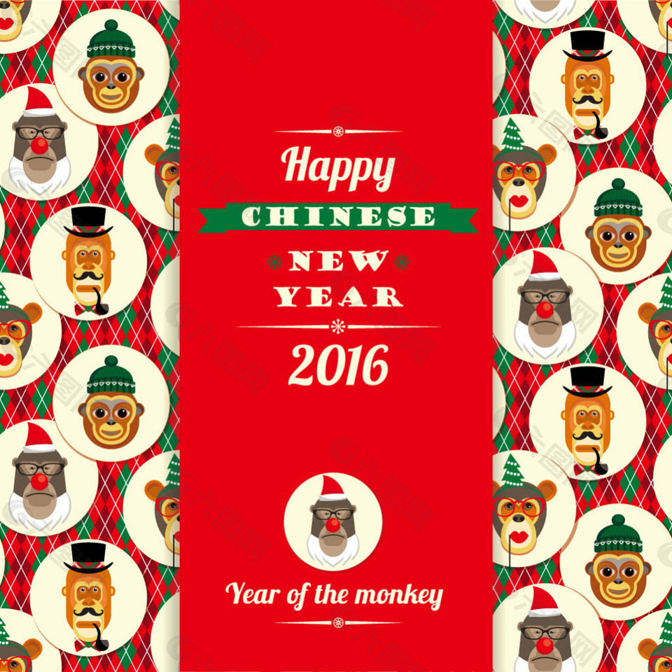 红色猴子图案新年贺卡封面