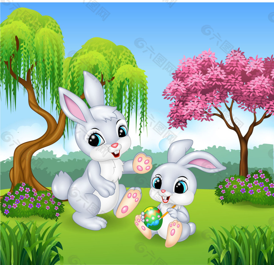春天里兔子妈妈和小兔子