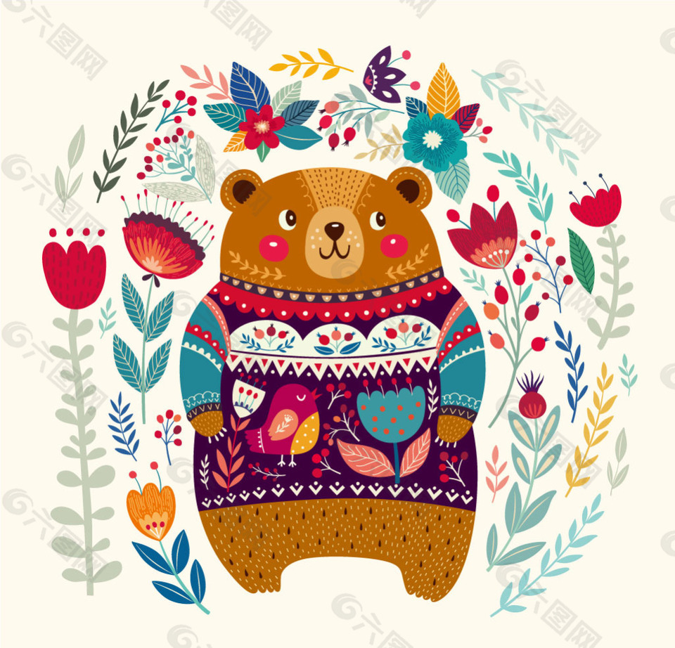 花草丛中的可爱棕熊