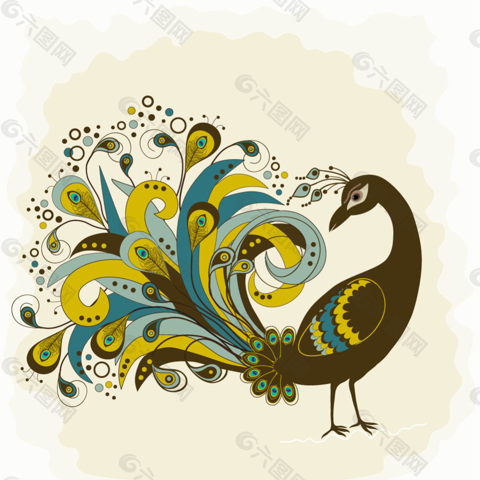 手绘漂亮羽毛的孔雀