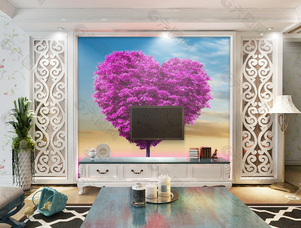紫色桃形装饰背景墙