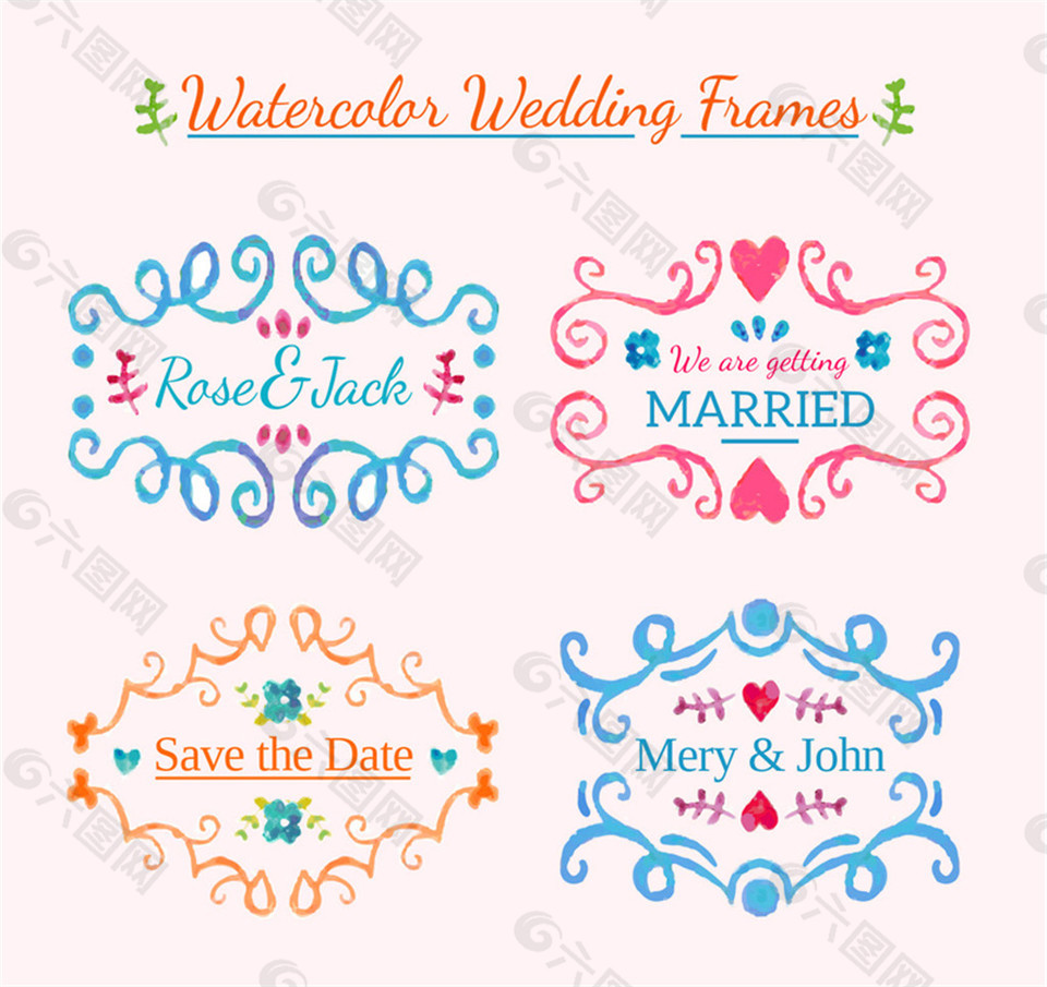 4款水彩绘婚礼花纹边框矢量素材