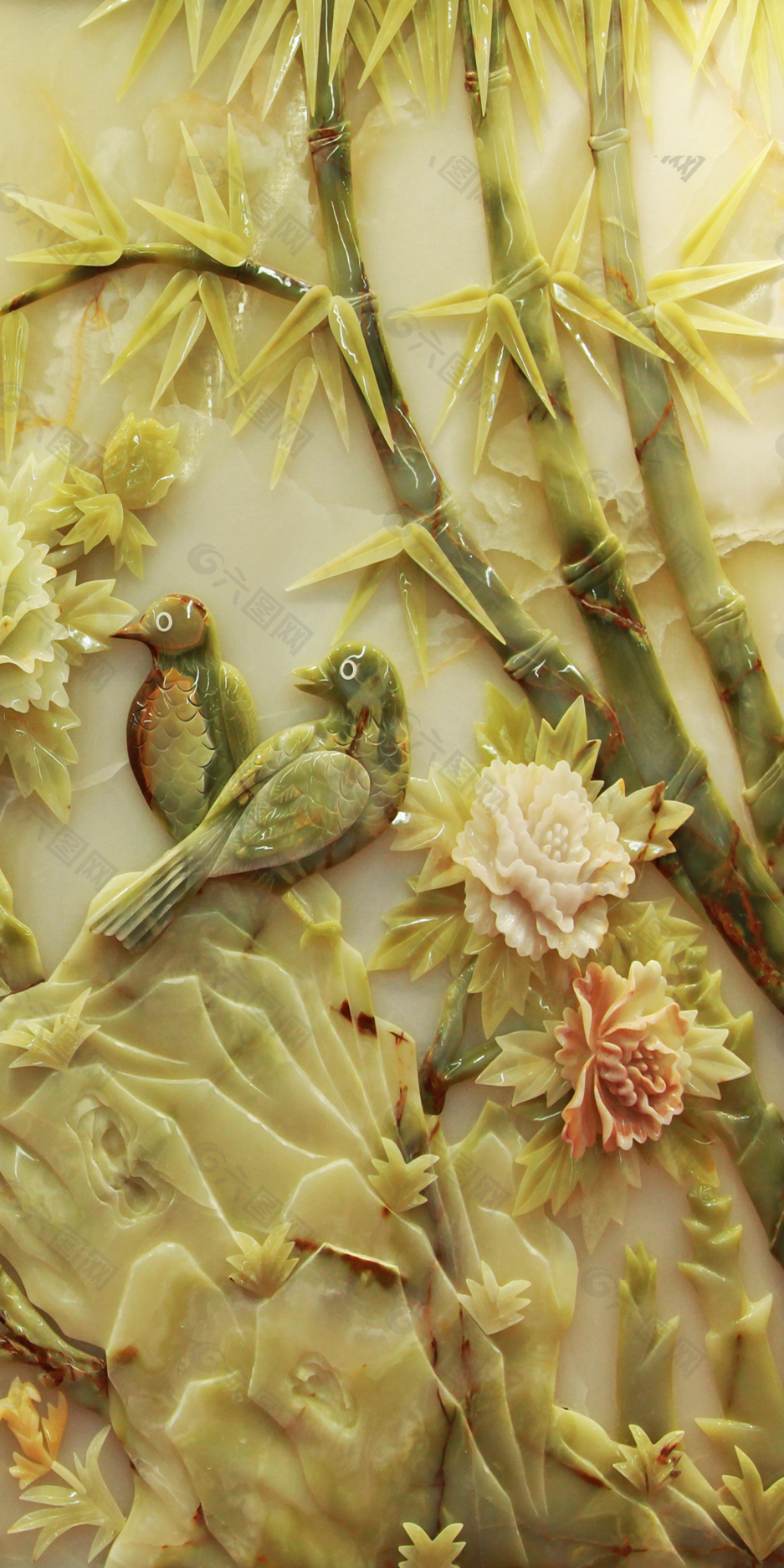 玉石竹林小鸟雕刻玄关背景墙