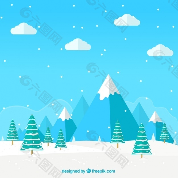 蓝色雪山背景松树