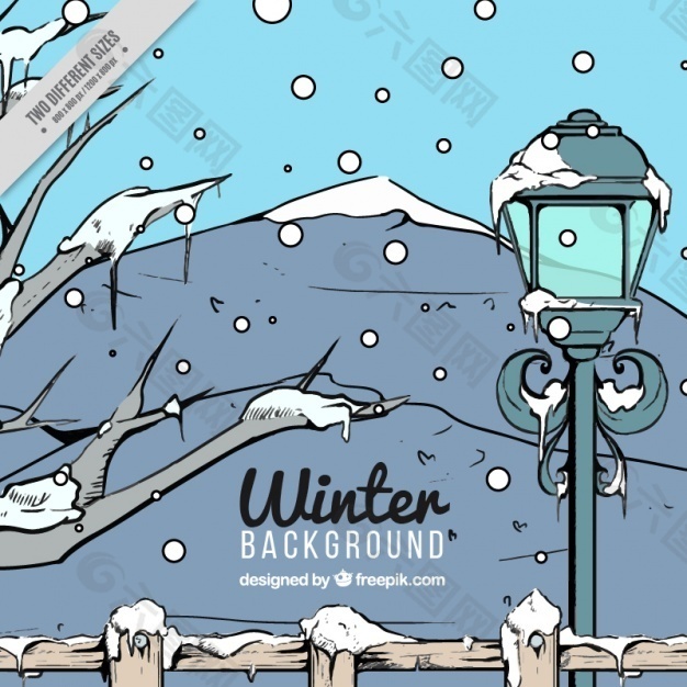 手画的冬景背景灯柱背景素材免费下载 图片编号 六图网