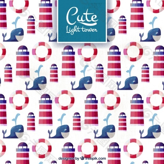 可爱的背景与鲸鱼和灯塔