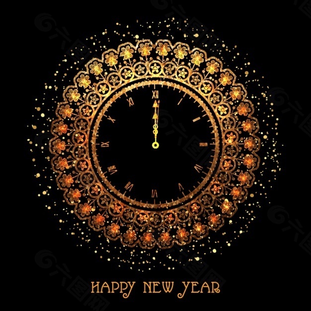 新年金色时钟的黑暗背景