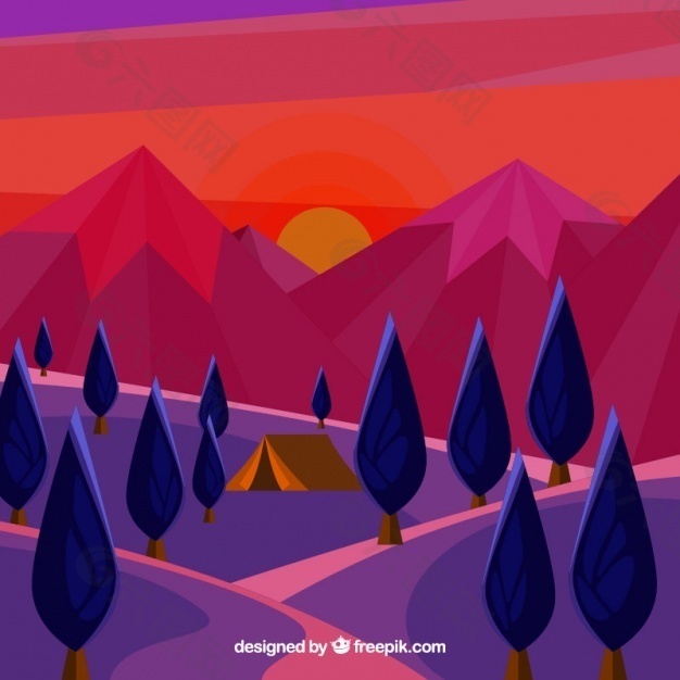 日落时有帐篷和树木的风景