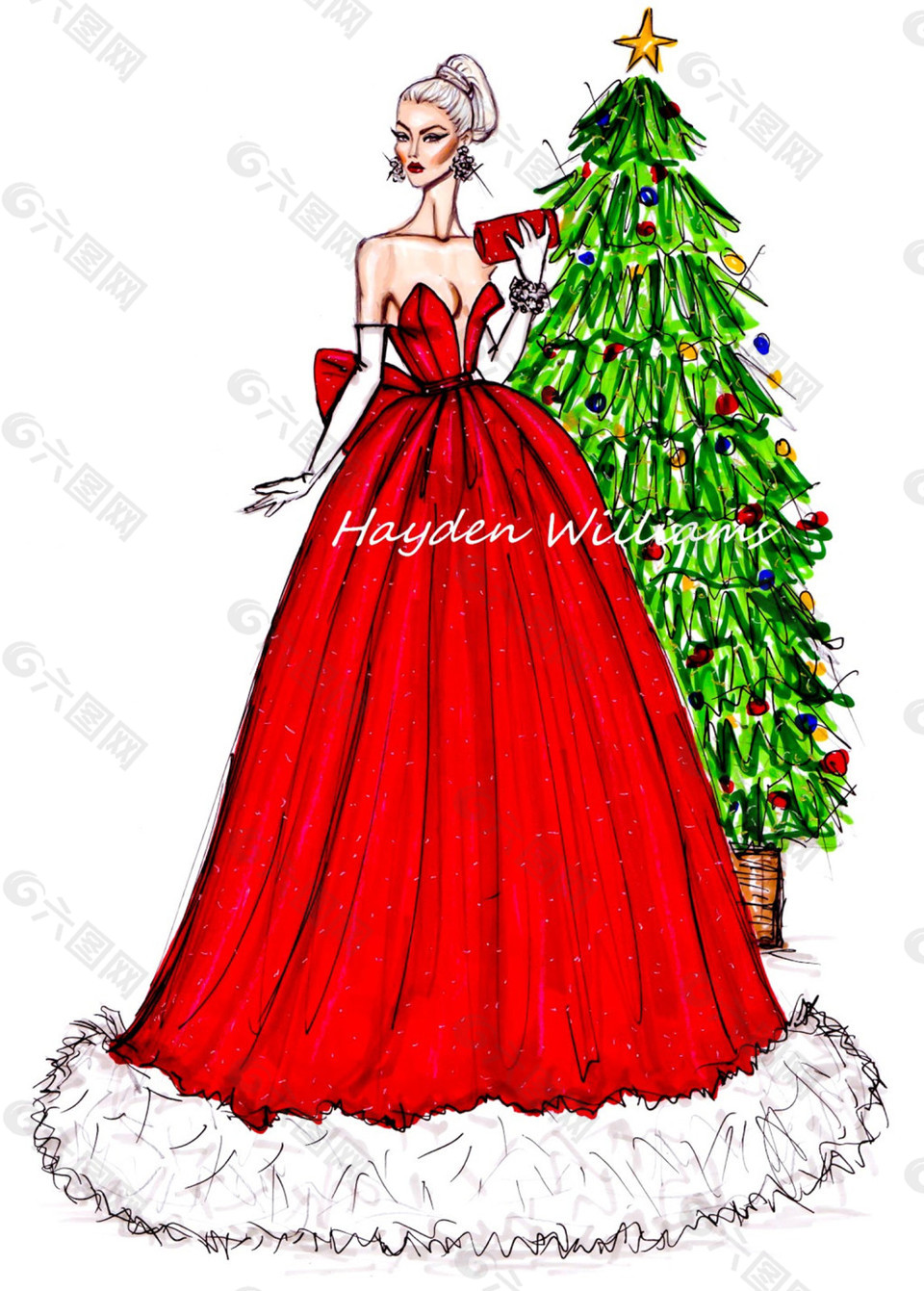 红色深V圣诞裙设计图