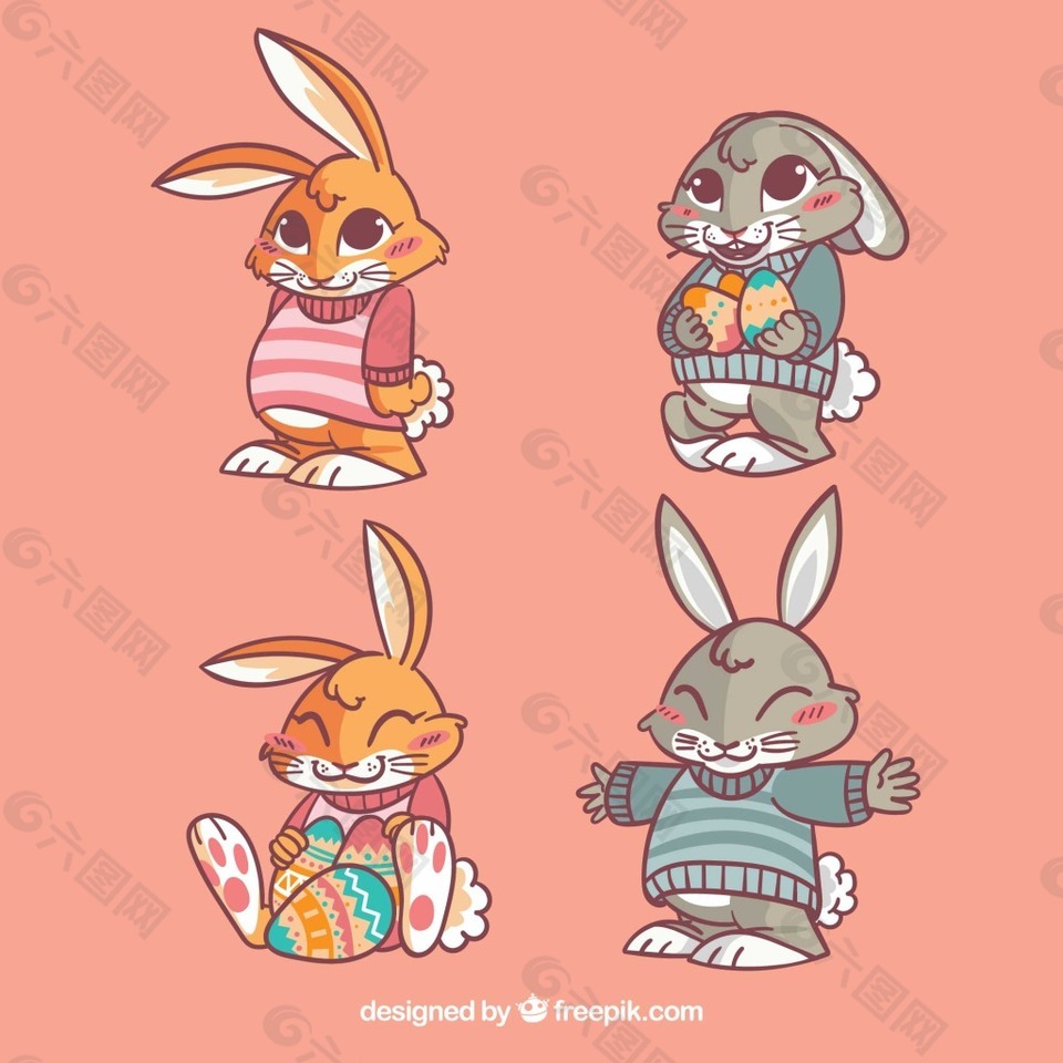 一组憨厚的复活节可爱兔子