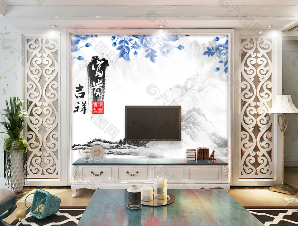 蓝色水墨背景墙