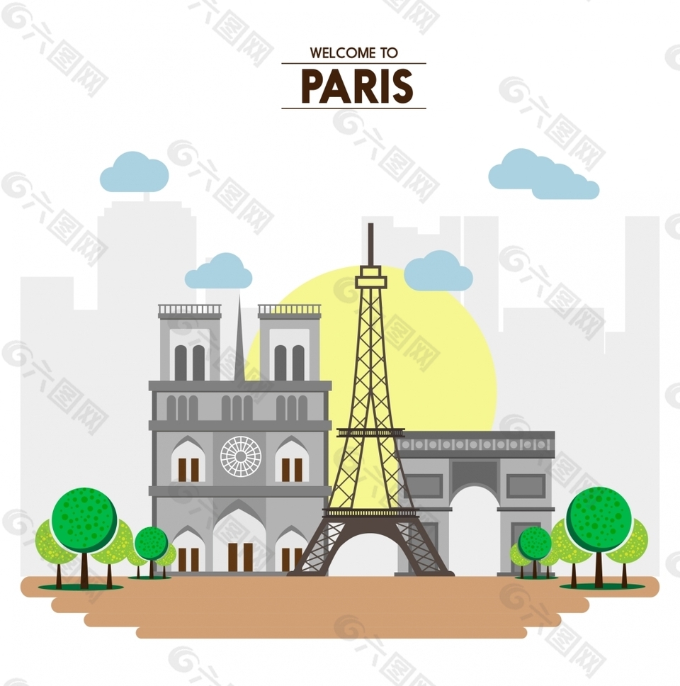 巴黎扁平景点插画