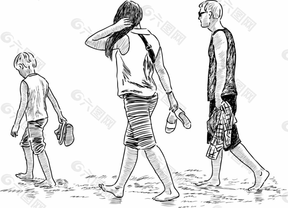 漫步沙滩上的一家人