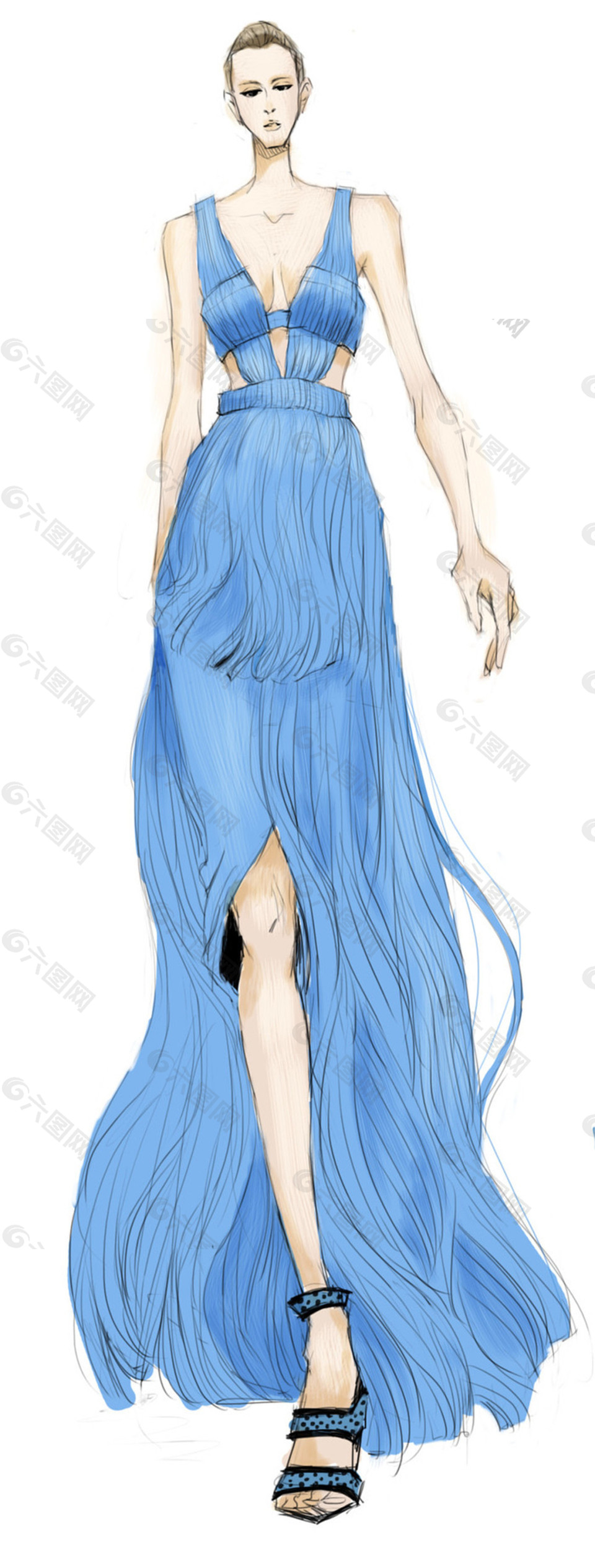 深V蓝色开叉裙设计图
