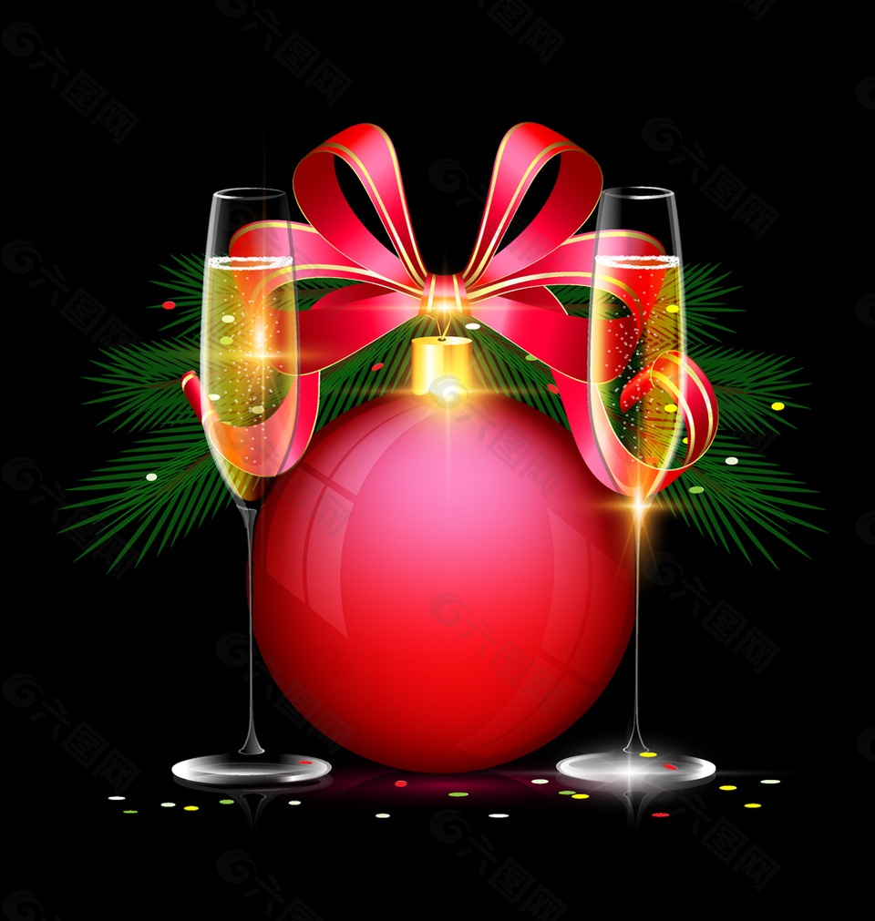 圣诞球用红丝带的弓和葡萄酒