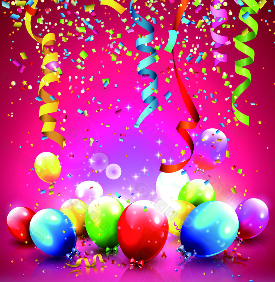 五彩纸屑和彩色丝带气球生日背景矢量01