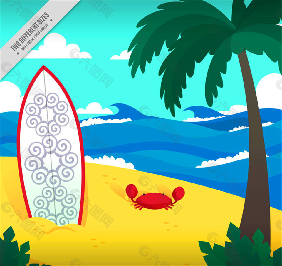 创意沙滩冲浪板和螃蟹插画矢量素材