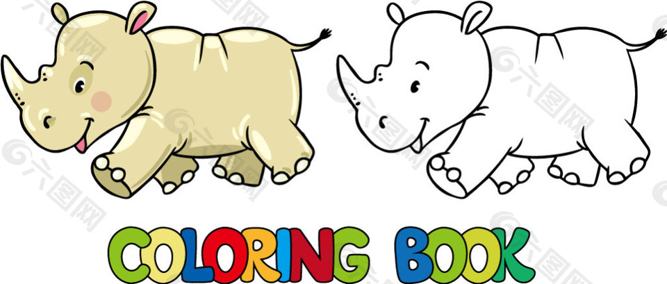 卡通动物犀牛着色图片矢量素材