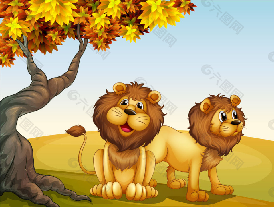 卡通狮子与美丽自然风景矢量素材