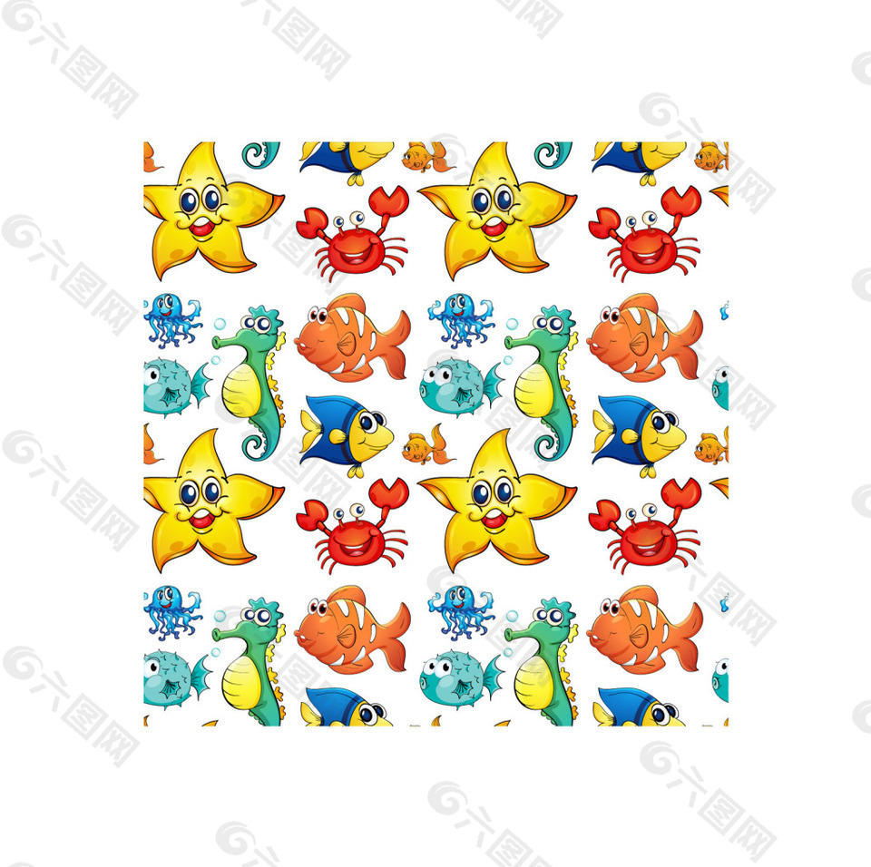 可爱动物图案鱼类螃蟹海马卡通矢量图素材