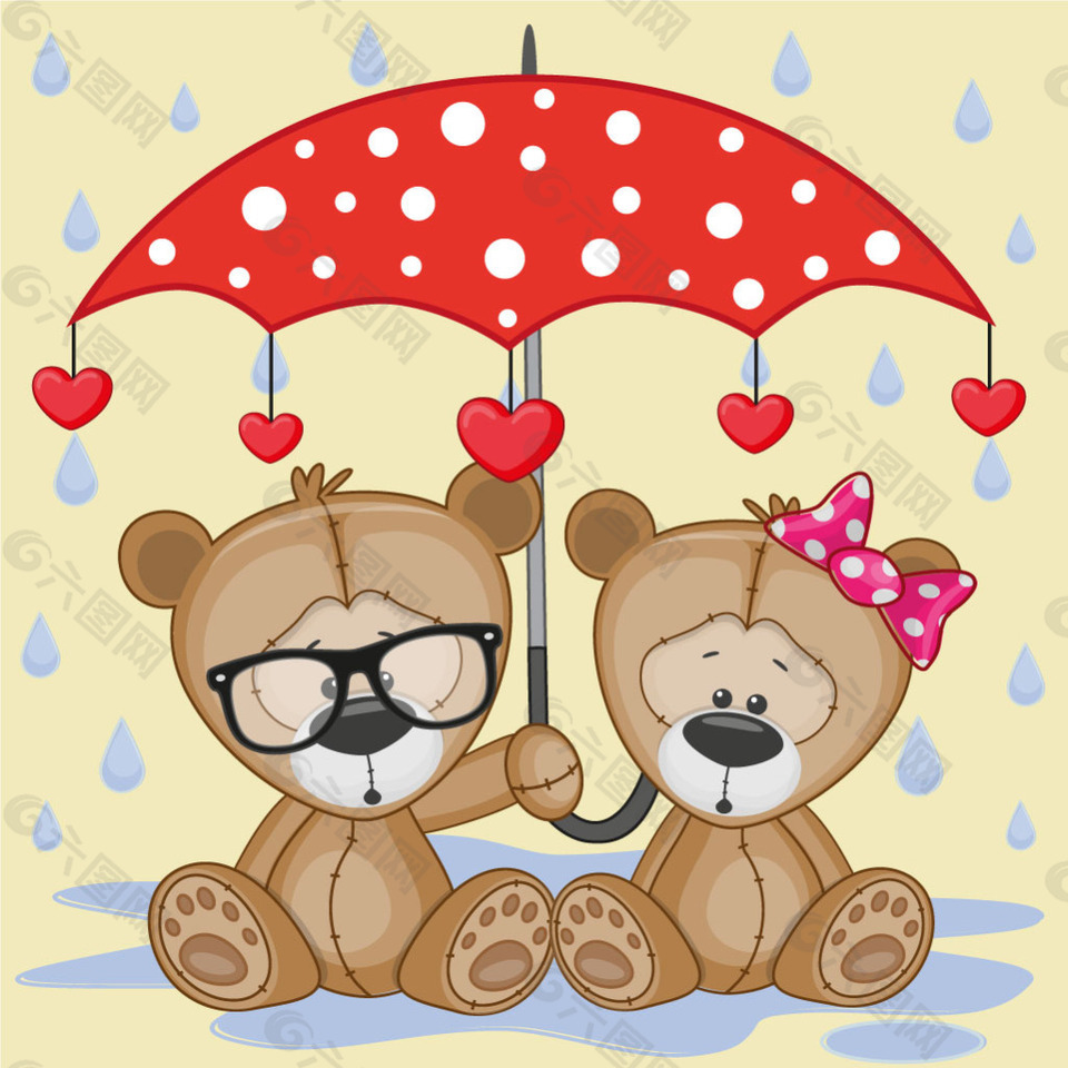 雨伞下可爱卡通动物小熊矢量图素材