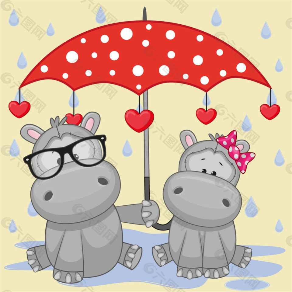 雨伞下可爱卡通动物河马矢量图素材