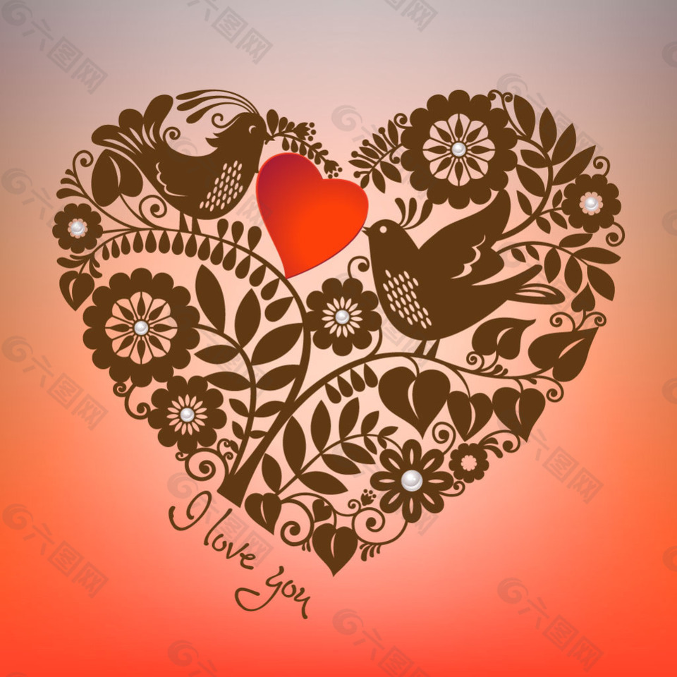 浪漫鸟与花心矢量素材