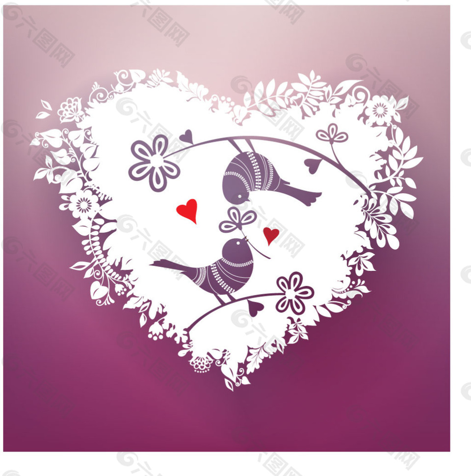 浪漫鸟与花心矢量素材
