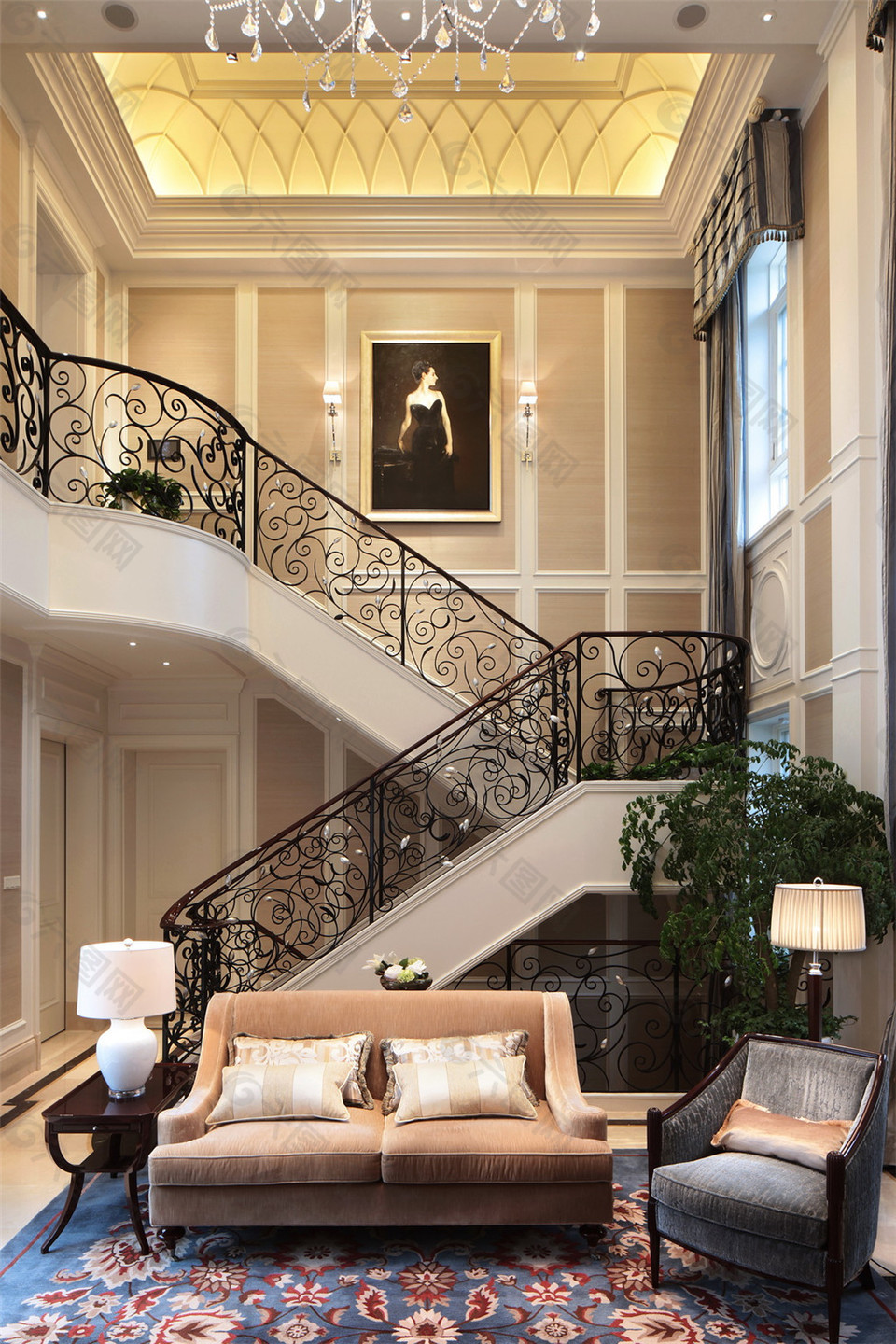 美式豪华客厅楼梯背景墙设计图