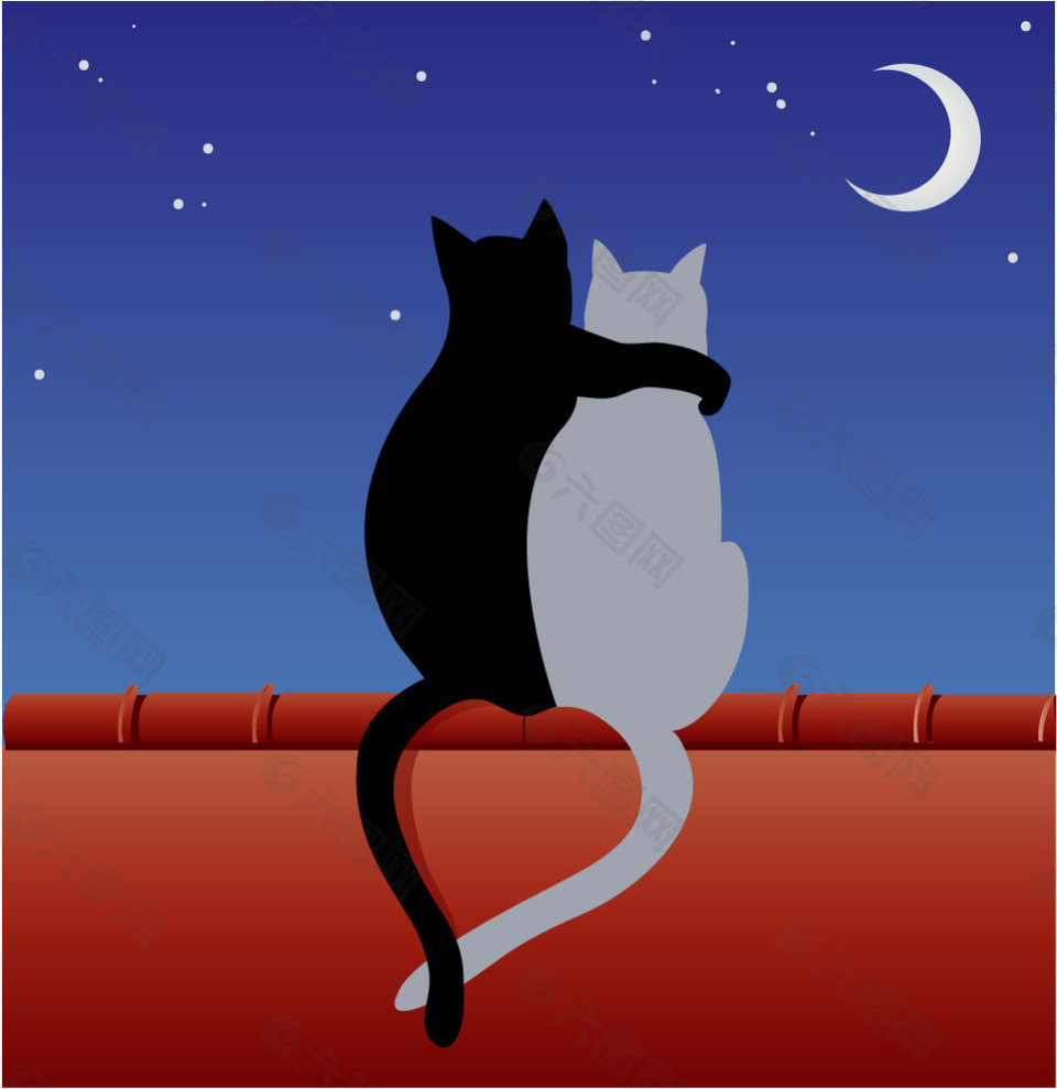 月亮下猫的爱情矢量图素材