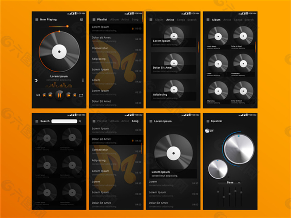黑色风格手机音乐应用UI界面矢量素材下载