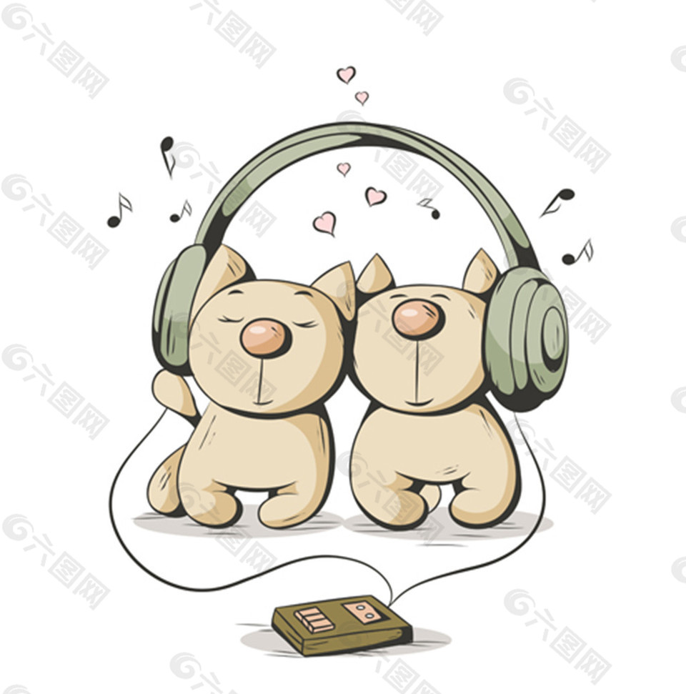 可爱的猫用耳机听歌曲插画矢量素材下载
