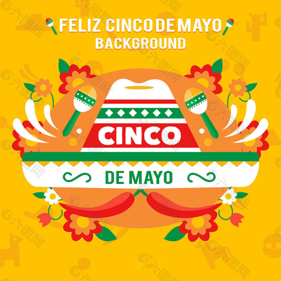 五月五日节彩色墨西哥帽子背景素材