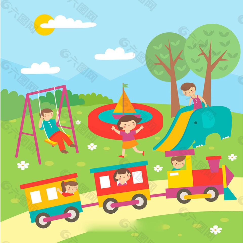 彩色孩子们在公园玩场景背景素材